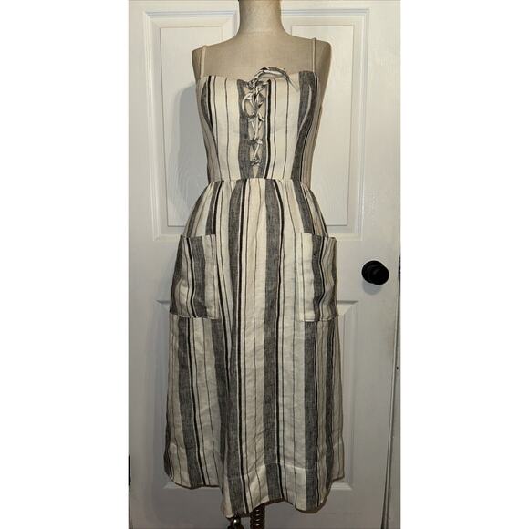 Reformation Ellen Linen Vertical Stripe Dress Cream Size 2 Midi - Picture 1 of 10